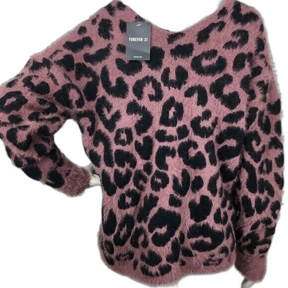 Mauve Cheetah Print Fuzzy Soft Eyelash Pullover Sweater Small Forever 21 NEW - Picture 5 of 7